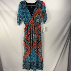 En Focus Studio Women's Maxi Dress Floral Print Turquoise Orange Size 6 NWT